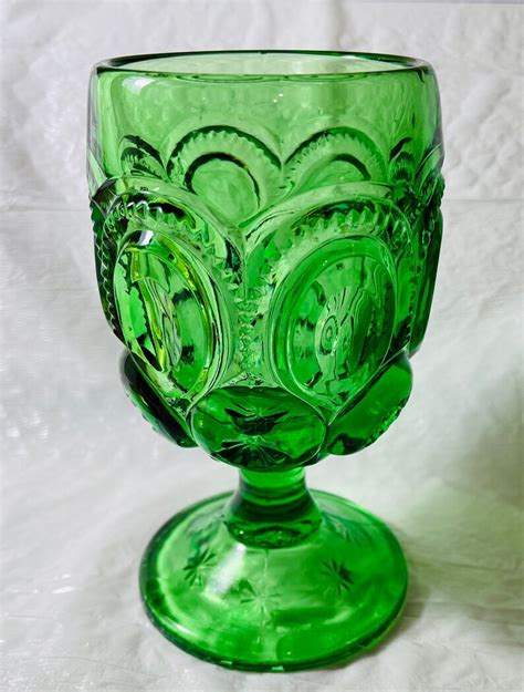 vintage owl eye green depression glass goblet etsy