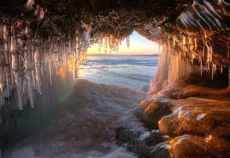 Ice Lake Russia Cave Sunset Frost Nature Water