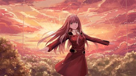 Darling In The Franxx Zero Two Hiro Zero Two With Red Dress With Background Of Sunrise And Red