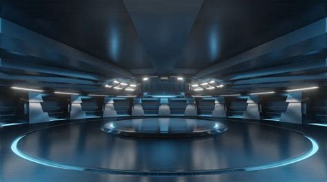 Empty Light Blue Studio Room Futuristic Sci Fi Big Hall Room With