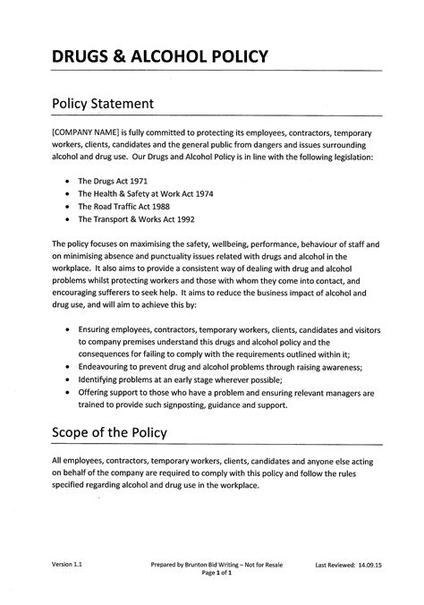Drug And Alcohol Policy Word Template