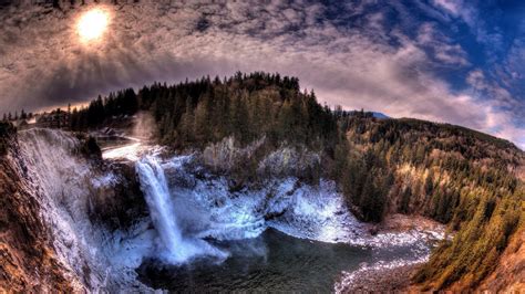 Download Wallpaper 1920x1080 Waterfall Rocks Sky Trees Hdr Full Hd