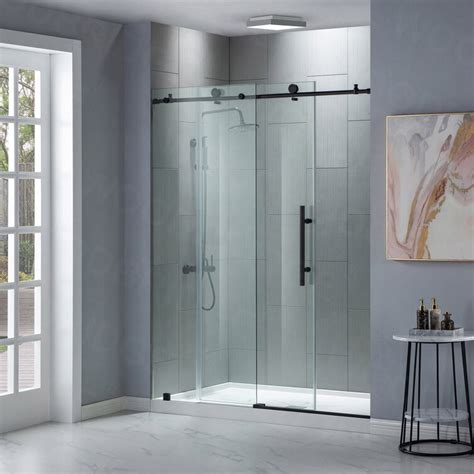 Woodbridge 56 60 W X 76 H Single Sliding Frameless Shower Door With Clear Glass