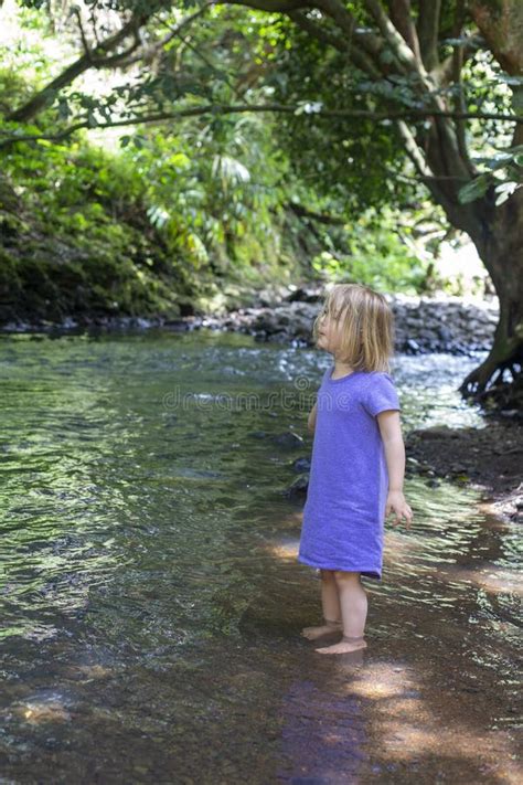 A Young Girl In A Purple Dress Wading In A River In Hawaii Stock Photo