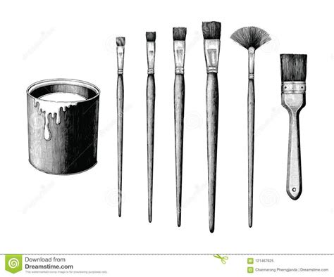 Vintage Paint Brushes Set And Paint Can Hand Drawing Clip Art Is Stock