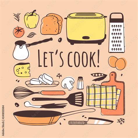 Hand Drawn Illustration Cooking Tools Dishes Food And Quote Creative