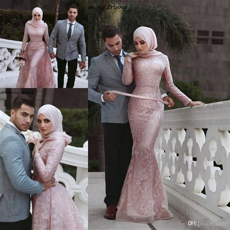 Muslim Style Mermaid Vintage Pink Wedding Dresses With Hijab Saudi