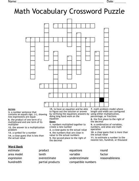 Math Vocabulary Crossword Puzzle Wordmint