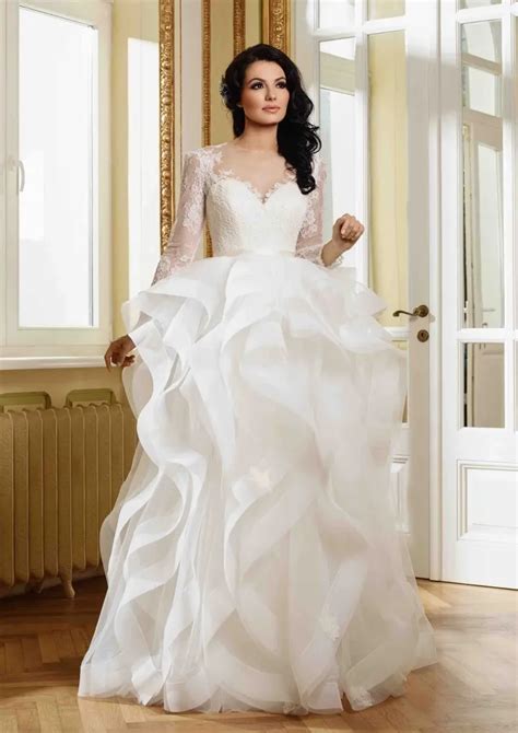 Long Sleeves Wedding Dress With Zipper Lace Wedding Dress With Ruffles