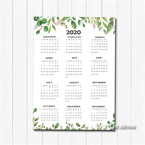 2020 Yearly Calendar 2020 Calendar Calendar Full Page Etsy