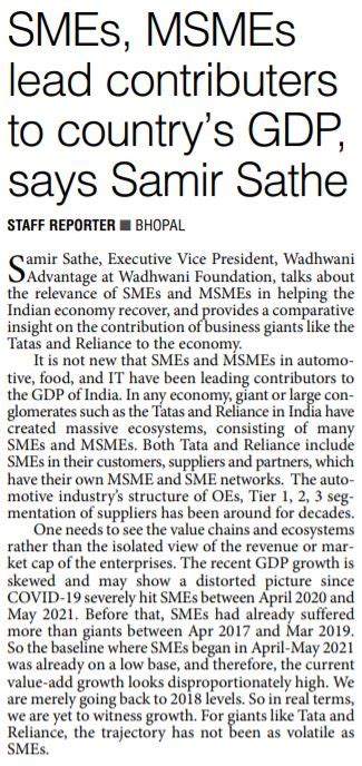 SMEs MSMEs Lead Contributers To Countrys GDP Says Samir Sathe