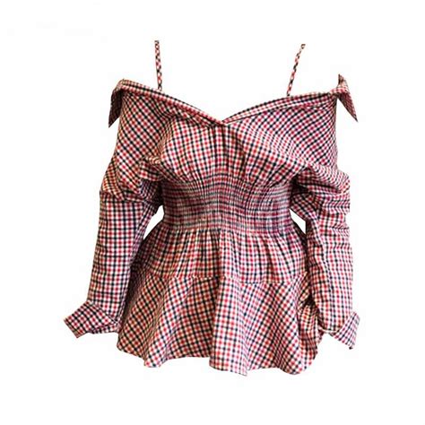 Women Fashion Checkered Backless Peplum Blouse Off Shoulder Sexy With