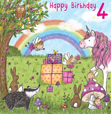 Twizler 4th Birthday Card For Girl With Magical Unicorn Fairies