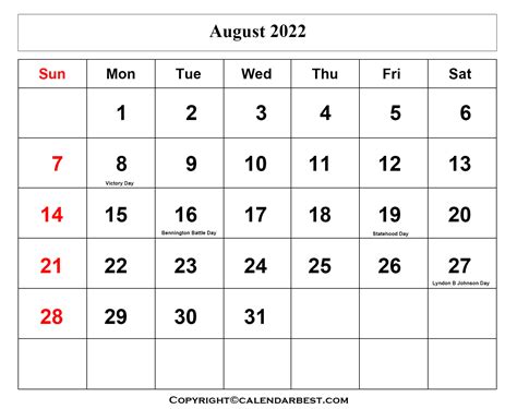 Free Printable August Calendar 2022 With Holidays