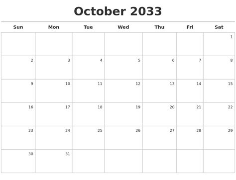 October 2033 Calendar Maker