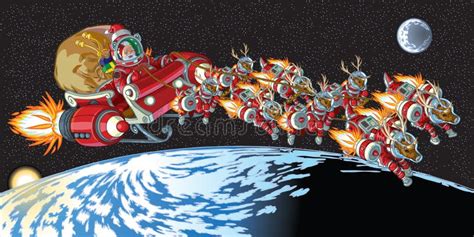Astronaut Santa Claus And Reindeer In Orbit Stock Vector Illustration