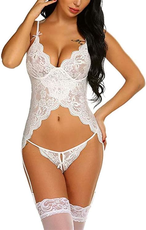 Amazon Com Sayhi Sexy Women Lace V Neck Bodysuit Underwear With Garter Thong Lingerie Set One