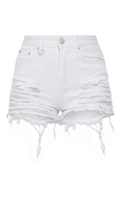 Jeanie White Extreme Ripped Denim Shorts Prettylittlething Ie