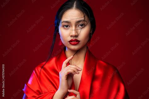 Beautiful Japanese Girl In Red Silk Kimono Dress Asian Beauty Woman Face With Red Lips Makeup