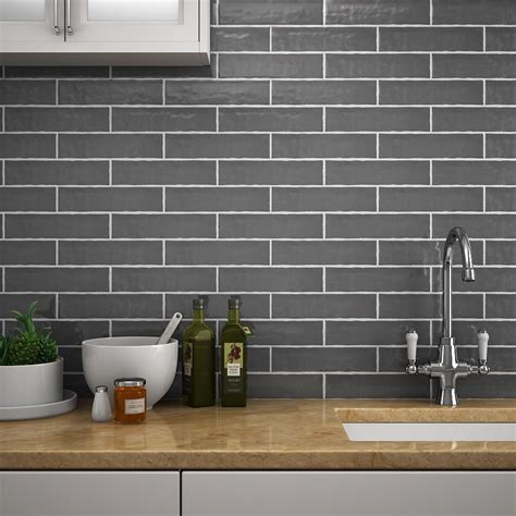 Mileto Brick Grey Gloss Ceramic Wall Tile 75 X 300mm Pack Of 25
