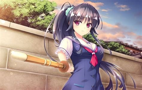 Wallpaper The Sky Look Girl The Fence Form Anime Wooden Sword