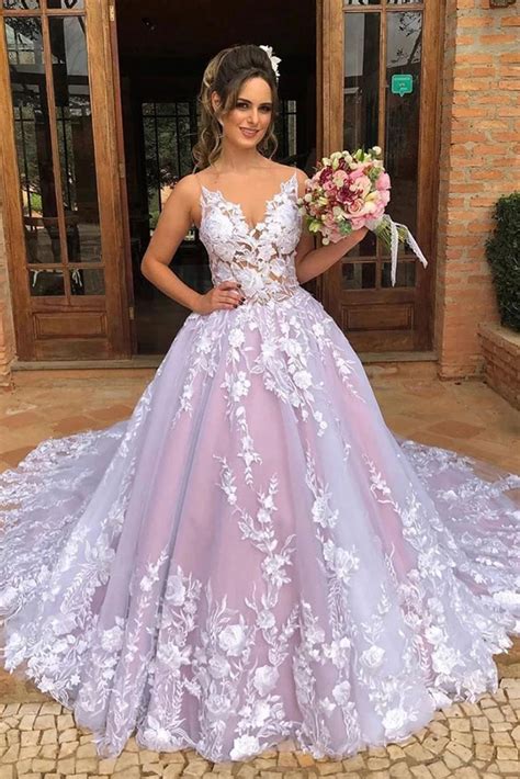 A Line Sleeveless V Neck Tulle Appliques Pink Long Prom Wedding Gown
