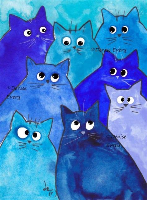 Whacky Blue Kitties Cat Art Print Whimsical Cat Print Funny Cats