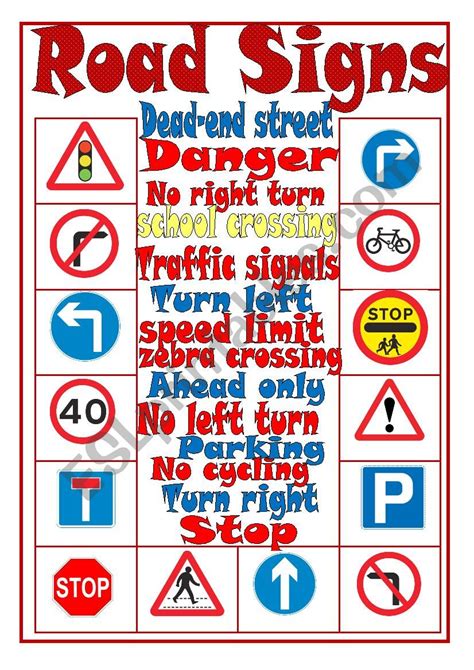 Road Signs Matching Activity Worksheet Road Sign Board Vocabulary