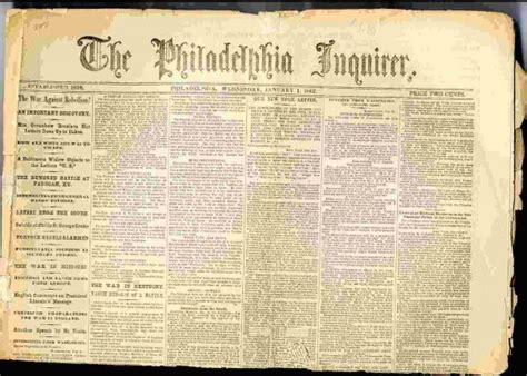 Philadelphia Inquirer Newspaper Jan 1 1862 Civil War News
