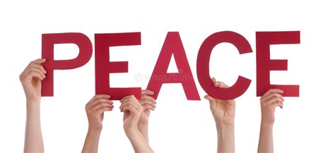 Many People Hands Holding Red Straight Word Peace Stock Photo Image