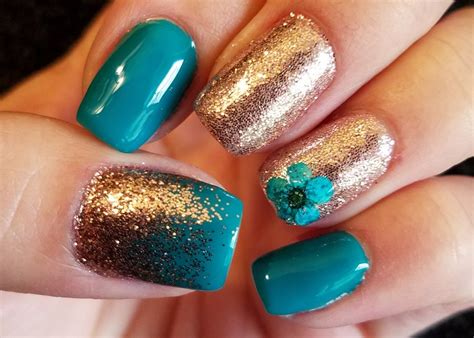 Teal W Rose Gold Glitter Nails Teal Nail Art Turquoise Nail Art Rose