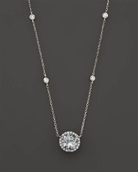 Aquamarine And Diamond Halo Pendant Necklace With 4 Stations In 14k