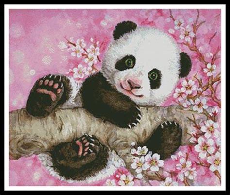 Model stitched over 2 threads on 32 ct. Cherry Blossom Panda Cross Stitch Pattern***L@@K ...