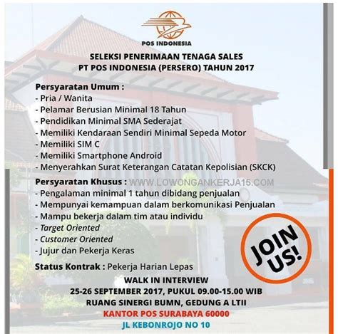 Nah dalam kesempatan kali ini saya akan membahas tentang seputar info dunia. Lowongan Terbaru PT Pos Indonesia (Persero) Surabaya ...