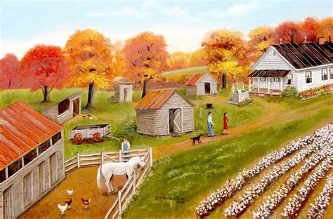 Fall Folk Art Prints Original Landscape Painting Cotton Field Etsy