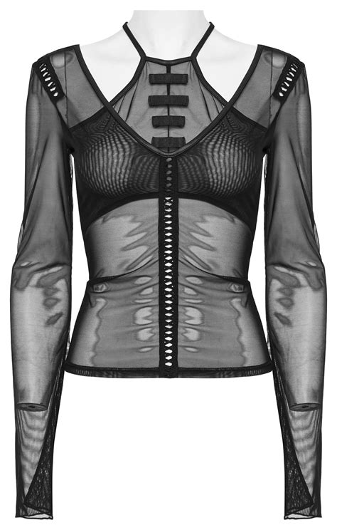 gothic sexy female mesh top with suspender detail