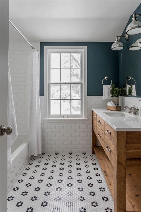 Reclaimed Wood Vanity Black And White Tile Subway Tile Dark Green