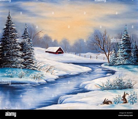 Artwork Of Snow Scene With Two Rabbits Laying By A Brook With A Cabin