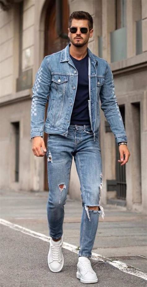 Denim On Denim Outfit Men Denim On Denim Looks Ripped Jeans Men Denim Jacket Men Outfit
