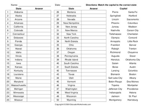 Us States And Capitals Worksheet For 4th 8th Grade Lesson Planet