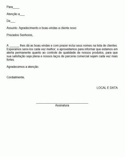 Referência de Carta de Agradecimento e Boas Vindas a Cliente Novo