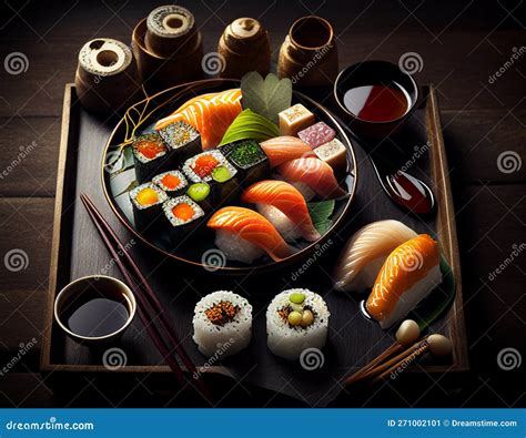 Set Of Sushi And Sashimi Generative Ai Stock Illustration