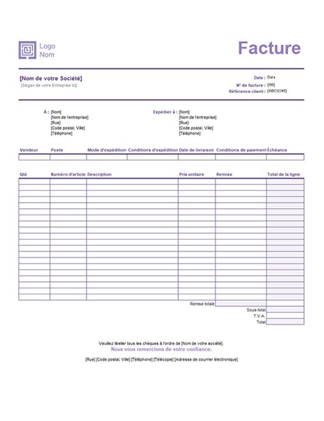 Facture de ventes (modèle Lignes simples)