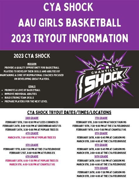 Spring 2023 Cya Shock Girls Aau Basketball Tryout Schedule