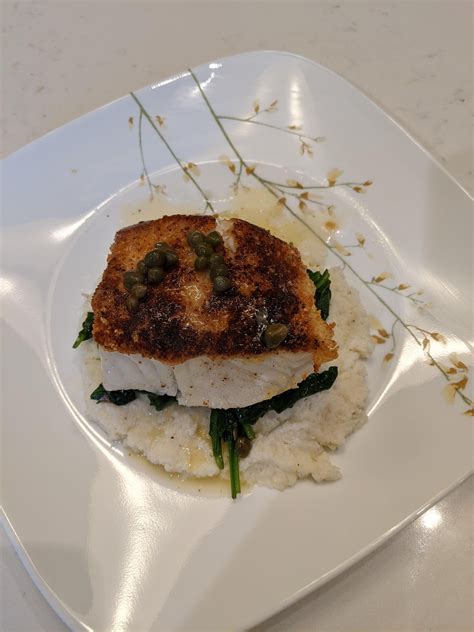 Crusted Chilean Sea Bass In Lemon Caper Sauce W Mashed Cauliflower And Wilted Spinach R