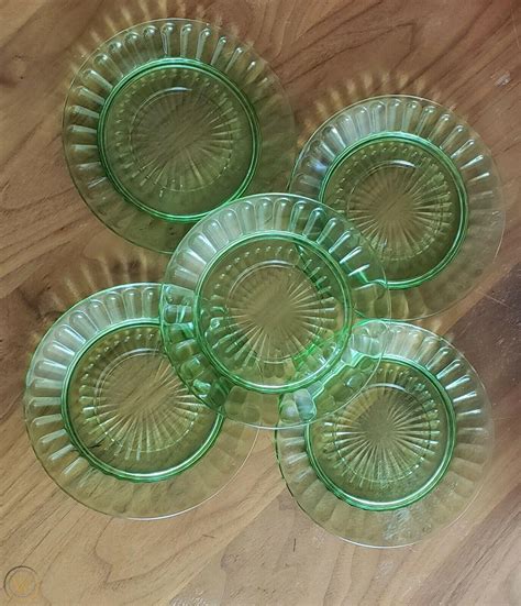 Hazel Atlas Green Depression Glass Ribbon Sherbet Plates Set Of