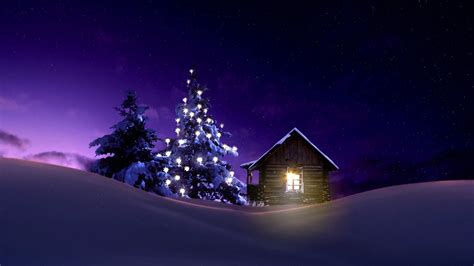 Christmas Lighted Tree Outside Winter Cabin Full Hd 2k