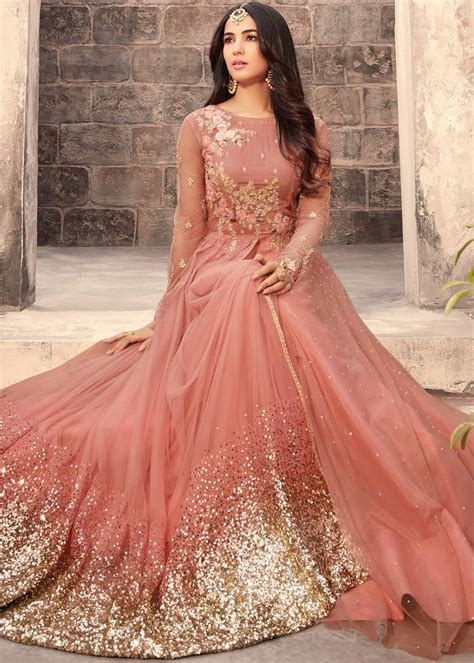 Dark Peach Designer Embroidered Net Wedding Anarkali Suit Party Wear Dresses Indian Gowns