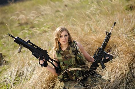 Beautiful Army Girl With Guns Stock Photo Image Of Glamour Adult