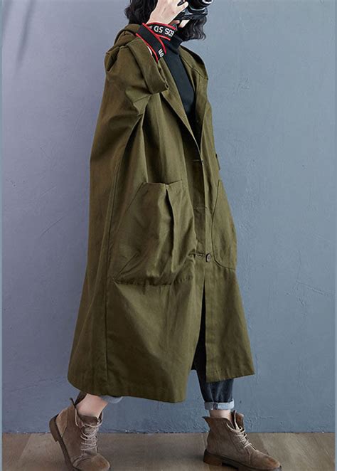 Elegant Army Green Pockets Button Fall Hooded Long Sleeve Trench Coats